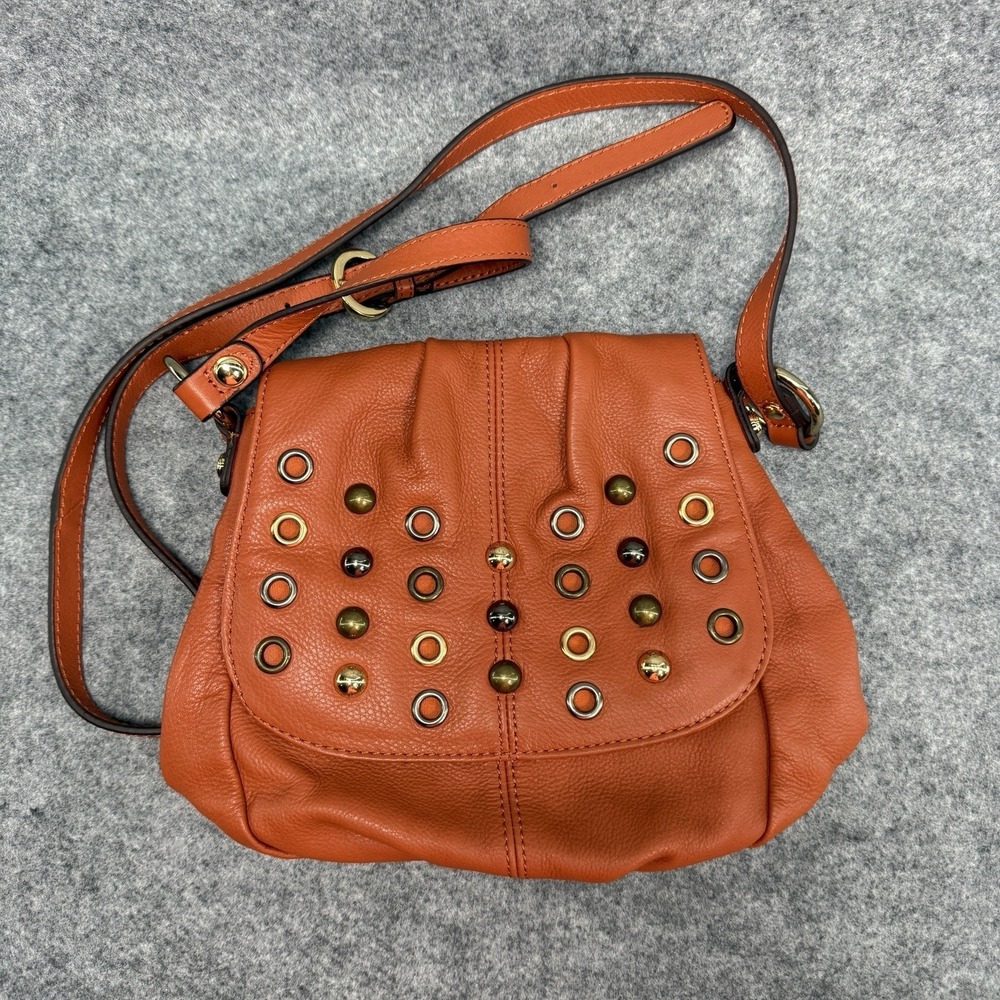 B Makowsky Crossbody Purse Saddlebag Brown Leather Studded Magnetic Close Animal